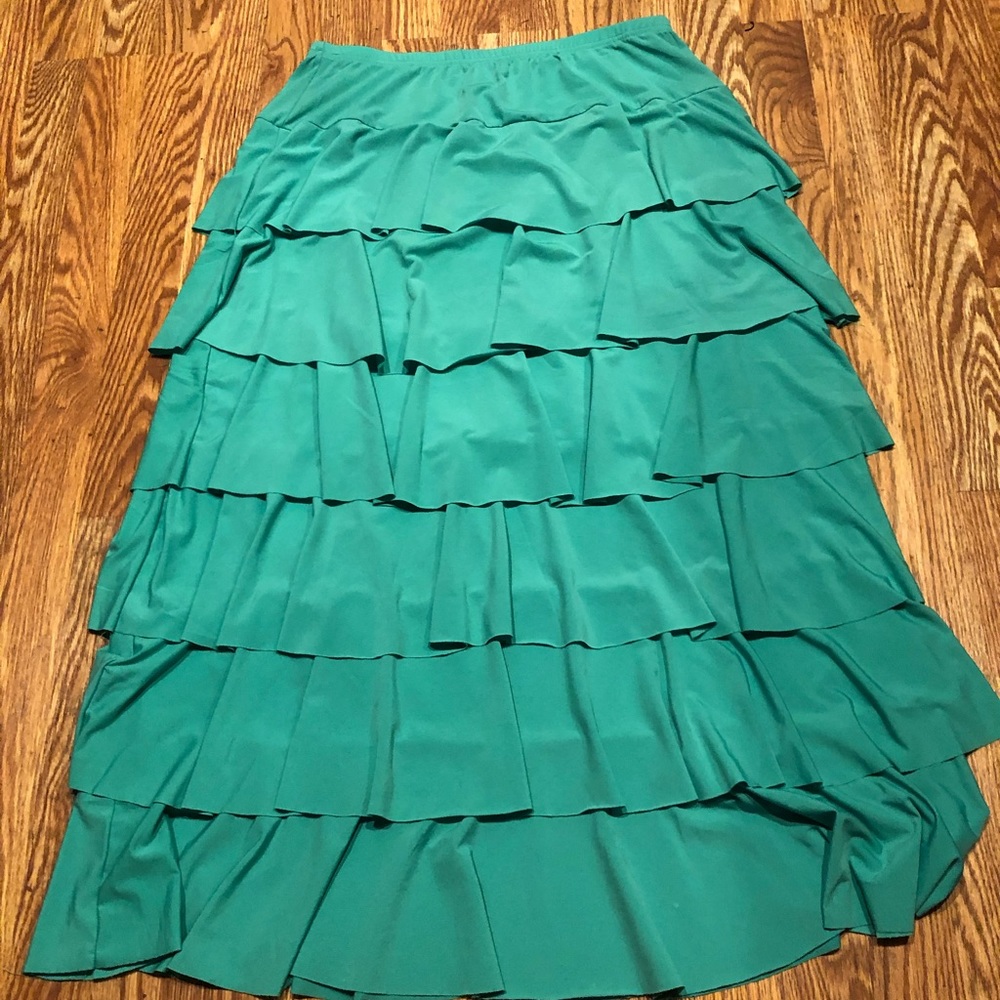 7 ruffle, stretchy, maxi long sea green skirt